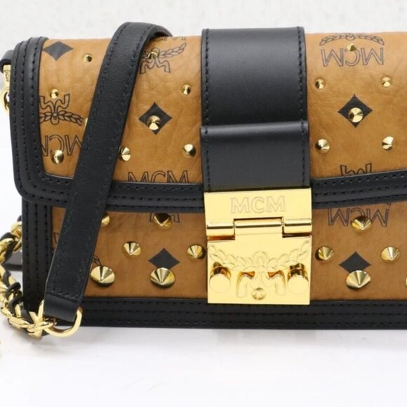 MCM Visetos Monogram Studded Mini Tracy Crossbody Bag Cognac - Picture 1 of 10